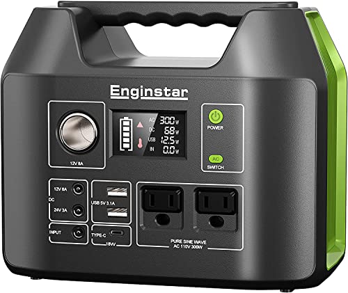 EnginStar Solar Generator, 300W Portable Power Station, 296Wh Lithium Battery Backup w/ Two 110V Pure Sine Wave AC Outlet for Camping Road Trip RV, 80000mAh Sufficient Power Supply for Medicine Machine Blackout Emergency