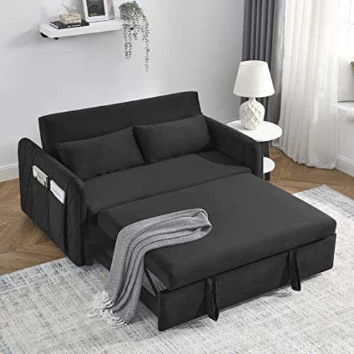 ERYE 3-in-1 Loveseat Futon Sofa Convertible Queen Size Bed with Pull Out Sleeper Couch Bed & Reclining Backrest for Living Room Furniture Sets Sofabed, Black 2 Pillows Side Pockets Twin