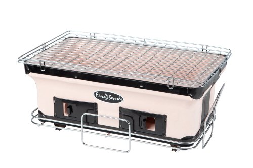 Fire Sense 60450 Yakatori Internal Grates Charcoal Chrome Cooking Grill Japanese Table BBQ Handmade Using Clay Adjustable Ventilation For Outdoor Barbecues Camping Traveling - Large - Tan