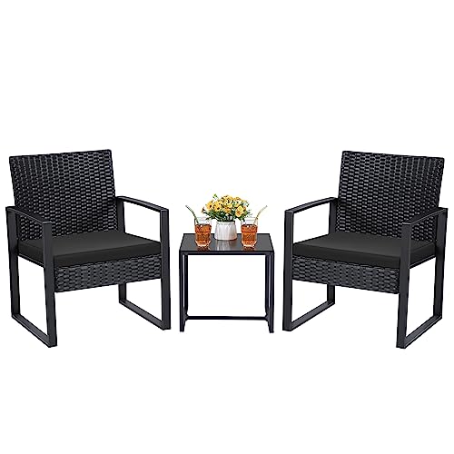Flamaker 3 Pieces Patio Set Outdoor Wicker Furniture Sets Modern Rattan Chair Conversation Sets with Coffee Table for Yard and Bistro (Black)