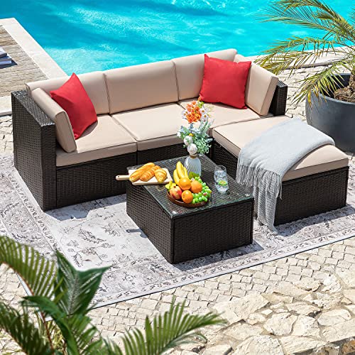 Flamaker Patio Furniture Set 5 Piece Outdoor Wicker Sectional Sofa with Thick Cushions & Tempered Glass Table Patio Couch Conversation Set for Deck, Porch, Terrace (Beige)