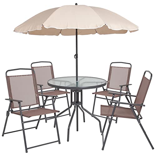 Flash Furniture Nantucket 6 Piece Patio Garden Table Set - Umbrella Table - Set of 4 Brown Folding Chairs