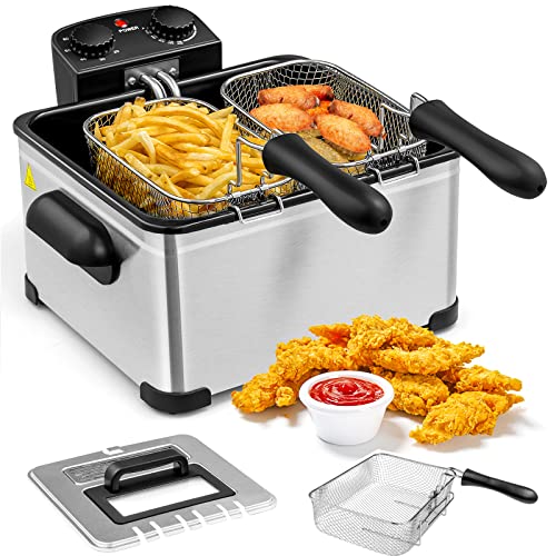 Giantex 1700W Electric Deep Fryer with 3 Baskets, 5.3QT/21-Cup Frier Cookers Home Fryer, Large Oil Container, Lid with View Window, Adjustable Temperature and Timer, Family Kitchen Restaurant Use