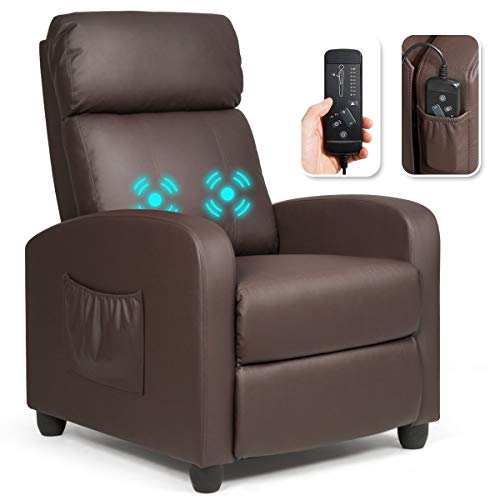 Giantex Recliner Chair, Massage Winback Single Sofa w/Side Pocket, PU Leather Recliner Sofa for Living Room, Modern Padded Seat Reclining Chair, Home Theater Seating Office for Adults (Brown)