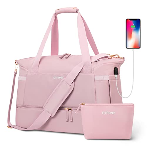 Gym Bag for Women, Sports Travel Duffel Bag with USB Charging Port, Weekender Overnight Bag with Wet Pocket and Shoes Compartment for Women Travel, Gym, Yoga (Pink) Medium