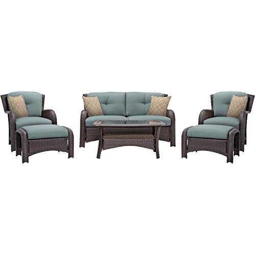 Hanover Strathmere 6-Piece Outdoor Patio Conversation Set, 2 Side Chairs with Ottomans, Loveseat and Tempered Glass Coffee Table, with Hand-Woven Wicker and Thick Ocean Blue Cushions, STRATHMERE6PCBLU
