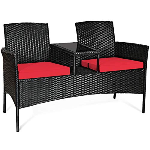 HAPPYGRILL Patio Loveseat Rattan Wicker Loveseat with Coffee Table, Outdoor Conversation Sofa Furniture with Cushions for Garden Lawn Backyard Porch