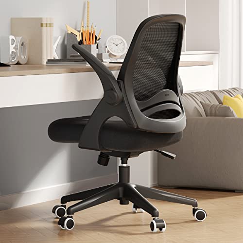 Hbada Home Office Desk Chair with Flip Up Arm, Breathable Mesh Back Lumbar Support Task Chair, Ergonomic Office Chair with Adjustable Height & PU Wheels, Swivel Computer Desk Chair, Black