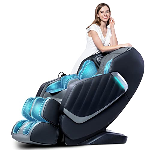 HealthRelife Massage Chair Zero Gravity, Full Body Recliner with Heat Air Pressure SL Track 24 Airbags, Shiatsu Foot Roller Massage Thai-Stretch Bluetooth Speaker, Black&Grey