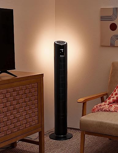 HOLMES 42" Digital Tower Fan with Accent Light, ClearRead Display, High/Low Brightness Level, 80° Oscillation, 5 Speeds, 4 Modes, 8-Hour Timer, Home, Bedroom or Office, Remote Control, Black