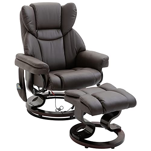 HOMCOM Massage Recliner and Ottoman, PU Leisure Office Chair with 10 Vibration Points, Adjustable Backrest, Side Pocket and Remote Control, for Living Room, Study, Bedroom, Brown