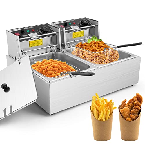 Hopekings Deep Fryer, 20.7QT Commercial Deep Fryer with 2 x 6.35QT Baskets Stainless Steel Countertop Oil Fryer with Temperature Limiter and Over Current Protection for Home Kitchen and Restaurant