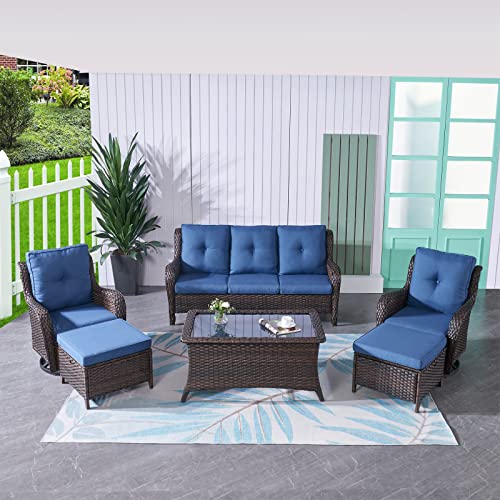 HUMMUH Patio Furniture 6 Pieces Outdoor Furniture Set Wicker Outdoor Sectional Sofa with Swivel Rocking Chairs,Patio Ottomans,Patio Coffee Table