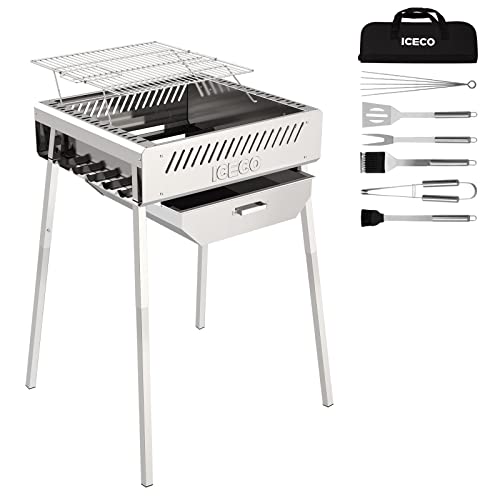 ICECO Charcoal Grill With Grill Accessories, Portable BBQ Grill Stainless Steel Folded, Height-Adjust Camping Grill, Smoker Grill Kebab Grill Hibachi for Outdoor Backyard Patio Barbecue Party