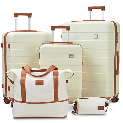 imiomo 3 Piece Luggage Sets,Suitcase with Spinner Wheels,Luggage Set Clearance for Women, Lightweight Rolling Hardside Travel Luggage with TSA Lock (Beige, 5PCS)