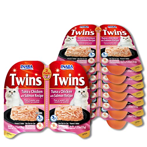 INABA Twins for Cats, Grain-Free Shredded Chicken & Broth Gelée Side Dish/Complement/Topper Cups, 1.23 Ounces per Serving, 19.68 Ounces Total (16 Servings), Tuna & Chicken with Salmon Recipe