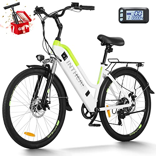 INTHEAIR Electric Bike for Adults, 26" ebike Certified by UL, Rohs TüV, Shimano 7 Speed Gears, with 350W Motor, 20MPH Electric Bicycle, Snow Beach Mountain E-Bike (LCD-WhiteGreen)