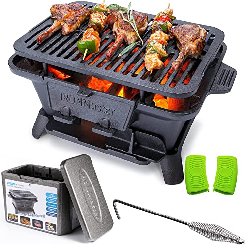 IronMaster Hibachi Grill Outdoor, Small Portable Charcoal Grill, 100% Pre-Seasoned Cast Iron, Japanese Yakitori Camping Grill - 2 Heights, Air Control, Coal Door + Carrying Case