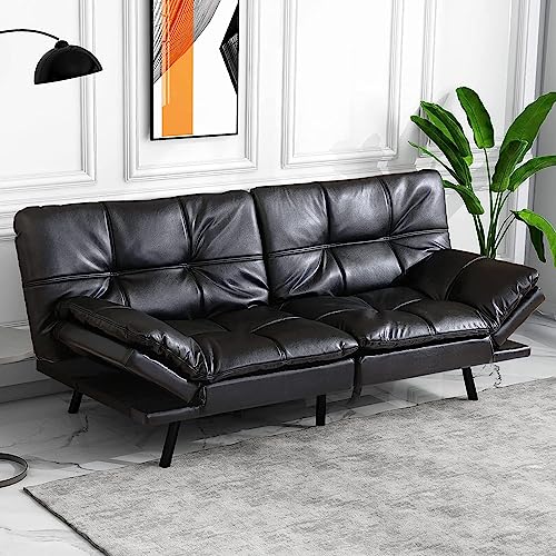 IULULU Futon Bed, Faux Leather Loveseat Sofas, Modern Convertible Sleeper Couch with Adjustable Armrests for Studio, Office, Apartment, Compact Living, Overnight Guests, Black