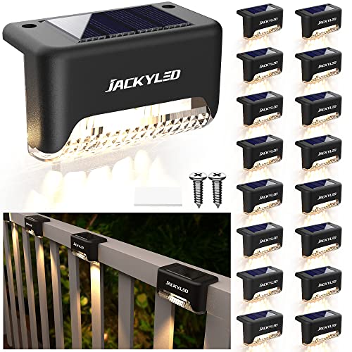 JACKYLED 16 Pack, Step Lights Waterproof LED Solar Powered Outdoor Lights for Deck Stair Fence Railing Wall Garden Backyard