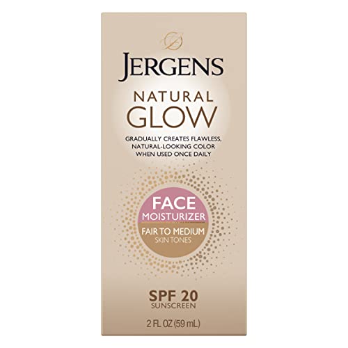 Jergens Natural Glow Self Tanner Face Moisturizer, SPF 20 Facial Sunscreen, Fair to Medium Skin Tone, Sunless Tanning, Oil Free, Broad Spectrum Protection UVA and UVB, 2 oz (Packaging May Vary)
