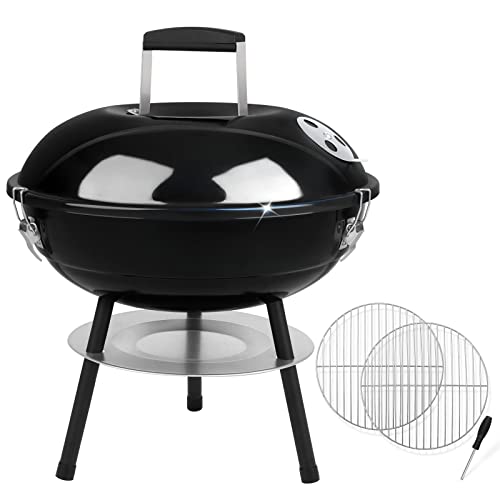 Joyfair Charcoal Grill with 2 Grilling Racks, 14in Small Portable BBQ Grill with Lid for Outdoor Camping/Patio/Backyard Barbecue/Tabletop Cooking, Enamel Coated & Dual Vent System, Black