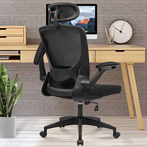 KERDOM Ergonomic Office Chair, Breathable Mesh Desk Chair with Headrest and Flip-up Arms for Office,Gaming,Computer Lumbar Support Swivel Task Chair, Adjustable Height,Black