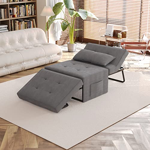 Kingfun Sofa Bed Sleeper Chair with Pillow, Convertible Chair 4 in 1 Multi-Function Adjustable Recline Linen Guest and Folding Bed, Multifunctional Ottoman Foldable Bed for Small Spaces (Black Grey)