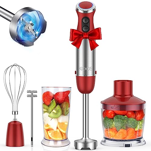 KOIOS 5-in-1 Hand Immersion Blender, Upgraded 1000W 12 Speed with Turbo Mode Handheld Blender, Copper Motor Stainless Steel Blade Stick Blender,600ml Mixing Beaker,500ml Food Processor, Whisk, Milk Frother, BPA-Free, Red