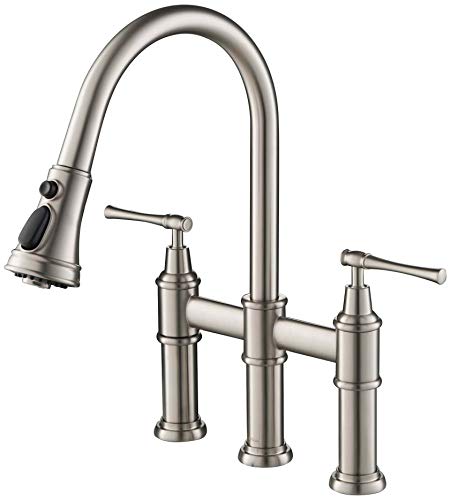 KRAUS Allyn Transitional Bridge Kitchen Faucet with Pull-Down Sprayhead in Spot Free Stainless Steel, KPF-3121SFS