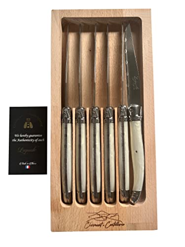 Laguiole Serrated Edge Sharp Premium Dishwasher Safe Full Tang Double Plated Stainless Steel 6-Piece Steak Knife Set, Shiny Cream Handle by Clermont Coutellerie