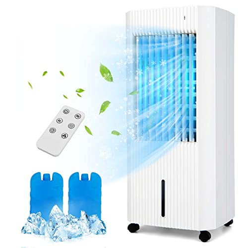 LDAILY 3-In-1 Evaporative Air Cooler w/ Humidifier & Fan, Portable Rolling Windowless Swamp Cooler w/ Remote Control & 2 Iced Boxes, 60° Oscillation Cooling Fan w/ 15H Timer & 1.3 Gal Water Tank