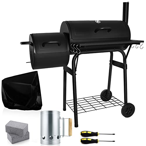 Leonyo Charcoal Grill with Smoker, 13 Pcs Outdoor Charcoal Grill with Offset Smoker, Barrel BBQ Grill with Grill Cover & Chimney Starter, Barbecue Camping Charcoal Grills for Outdoor Backyard, Black