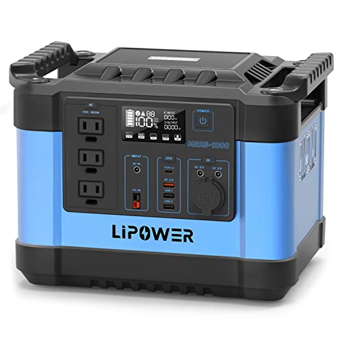 LIPOWER Portable Power Station, 1000W Solar Generator with 3 AC Outlets Battery Emergency with 3 Pure Sine Wave AC Outlet Backup Power for Camping Outdoor RV/Van