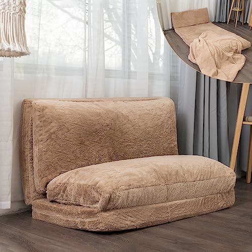 LITA Folding Matress Sofa, Foldable Double Sofa Bed Foam Filling Convertible Sleeper Sofa Bed Modern Soft Faux Fur Wall Sofa Bed with Removable Cover for Living Room/Apartment/Dorm, Khaki