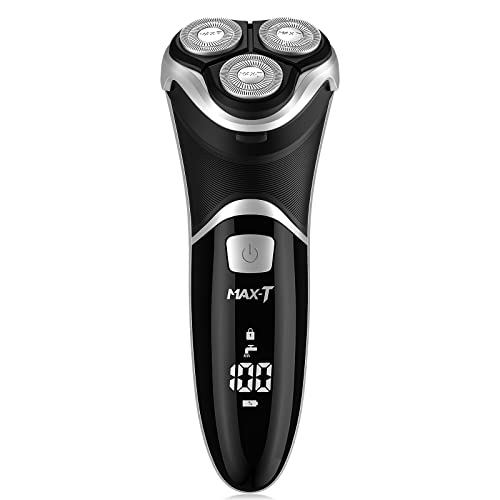 MAX-T Men's Electric Shaver - Corded and Cordless Rechargeable 3D Rotary Shaver Razor for Men with Pop-up Sideburn Trimmer Wet and Dry Painless 100-240V Black