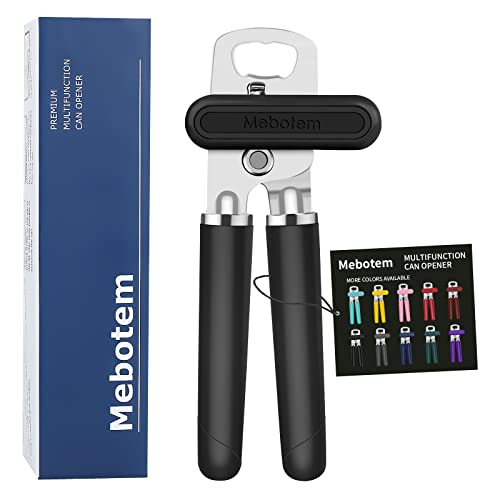 Mebotem 10 Colors Can Opener Manual Handheld Heavy Duty Hand Can Opener Smooth Edge Stainless Steel Can Openers Top Lid Kitchen Gadgets, Best Large Rated Easy Turn Knob, with Bottle Opener, Black