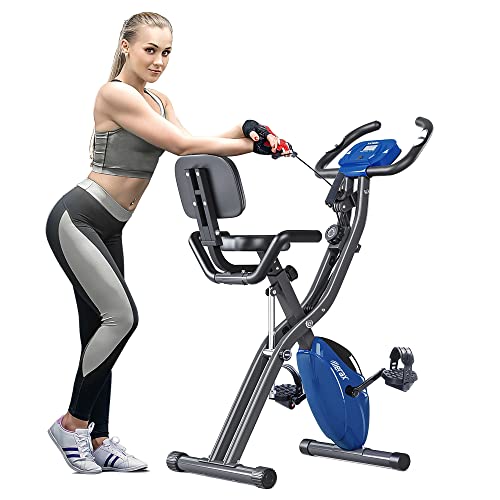 Merax 3 in 1 Adjustable Folding Exercise Bike Convertible Magnetic Upright Recumbent Bike with Arm Bands (Blue&Gray)