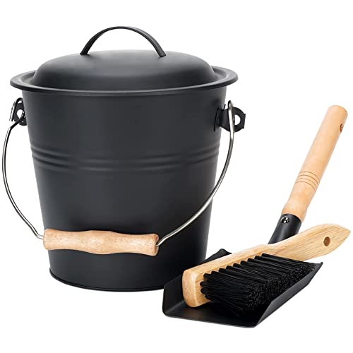 MINI Ash Bucket with Lid, 1.5-Gallon Pail with Shovel and Hand Broom, Metal Bucket Coal and Ash Carrier Wood Pellet Storage Container Tool set for Fireplace Fire Pit, Wood Burning Stove (PARTS INSIDE)