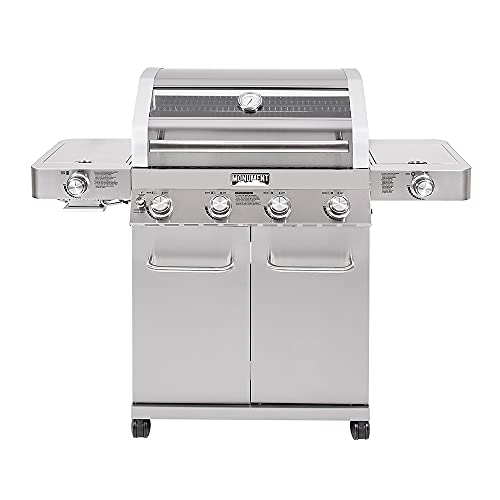 Monument Grills Larger 4-Burner Propane Gas Grills Stainless Steel Cabinet Style with Clear View Lid, LED Controls, Built in Thermometer, and Side & Side Sear Burners