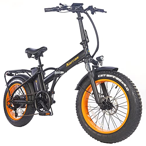 NARRAK 20”x4.0 Folding Fat Tire Electric Bicycle 750W Brushless Motor, 48V13Ah Removable Battery, Step-Over Frame 28Mph Max Speed, Mountain e-Bike, Snow eBike for Adults (Bk/Or)