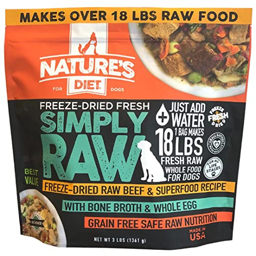 Nature's Diet Simply Raw® Freeze-Dried Raw Whole Food Meal - Makes 18 Lbs Fresh Raw Food with Muscle, Organ, Bone Broth, Whole Egg, Superfoods, Fish Oil Omega 3, 6, 9, Probiotics & Prebiotics (Beef)