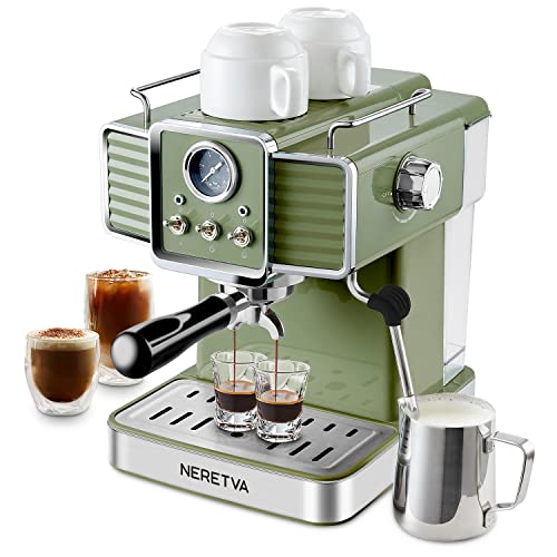 Neretva Espresso Coffee Machine 15 Bar Espresso Maker with Milk Frother Steam Wand Cappuccino, Latte for Home Barista, 1.6L Removable Water Tank, Coffee Spoon, Milk Frothing Pitcher, Vintage Green