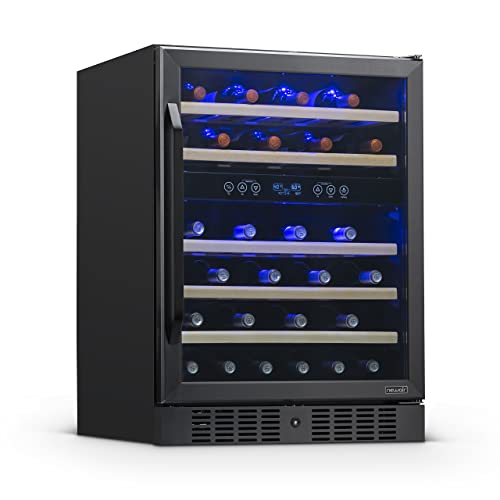 NewAir 24” Wine and Beverage Refrigerator Cooler, 46 Bottle Capacity, Built-in or Freestanding Dual Zone Fridge With Digital Thermostat, Black Stainless Steel NWC046BS00