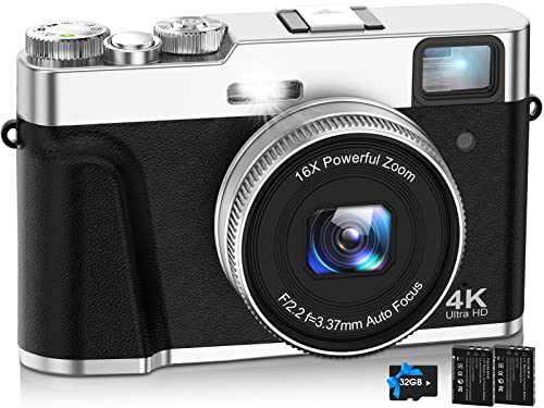 NEZINI 4K Digital Camera,Auto Focus 48MP Vlogging Camera for YouTube and Anti-Shake Video Camera with Viewfinder Flash & Dial,16X Zoom Travel Portable Digital Camera with 32GB Card,2 Batteries (Black)