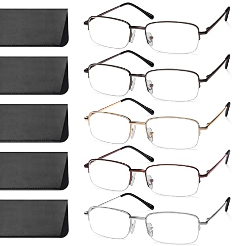 NOVIVON 5 Pack Reading Glasses for Men, Metal Blue Light Blocking Readers with Spring Hinges, Anti Eye Strain Eyeglasses (Gunmetal*2, Gold, Silver, Brown, 2.0)