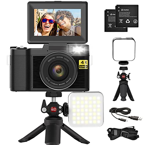 novzzovaz Digital Camera 4K 48MP Autofocus Full HD Vlogging Camera for YouTube Flip Screen Compact Camera for Beginners Vloggers Photography with Rechargeable Batteries Accessories Kit,Black
