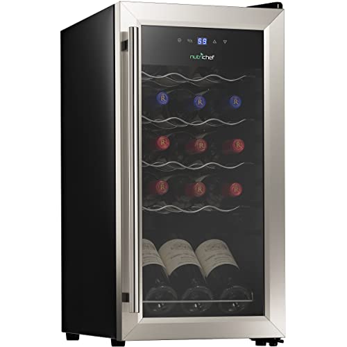 nutrichef Refrigerator-White and Red Chiller Countertop Cooler-Freestanding Compact Mini Wine Fridge, 15 Bottle - Stainless Steel, Digital Control, Stainless Steel Door