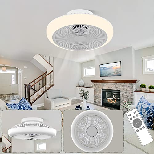 Obabala Ceiling Fans with Lights and Remote, Low Profile Bladeless Ceiling Fan with Light, Modern Flush Mount Small Ceiling Fan Dimmable LED Light for Bedroom, White, 18 Inch