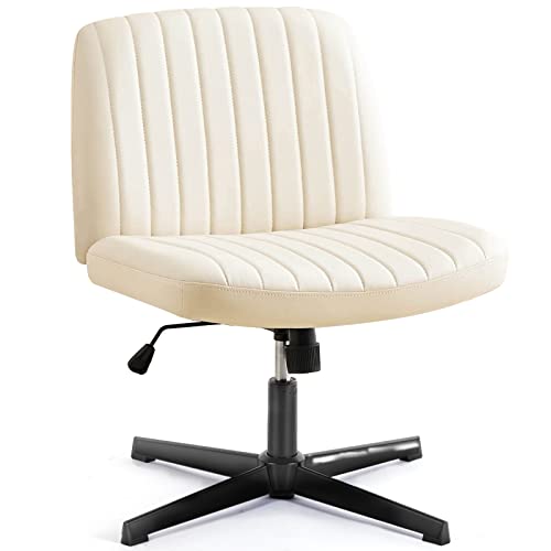 Office Chair Armless Desk Chair No Wheels, Cross Legged Office Chair Wide Home Office Desk Chairs, Adjustable Swivel Padded Leather Vanity Task Computer Chair